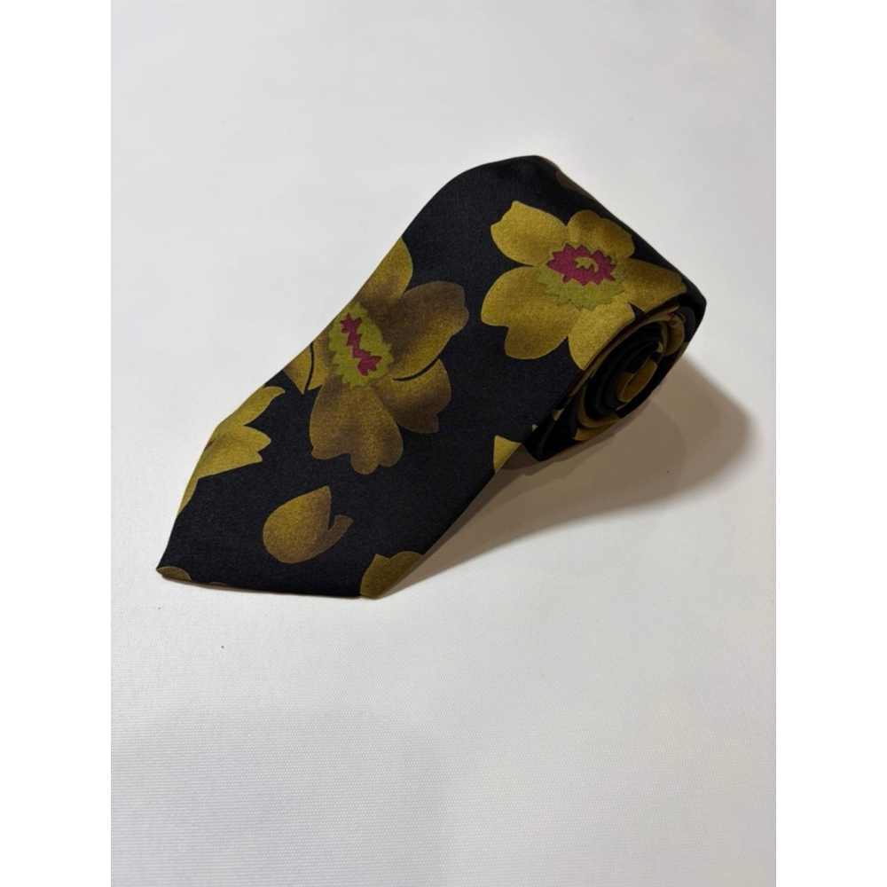 Lands’ End Silk Tie Navy Gold Floral Long Handmade USA